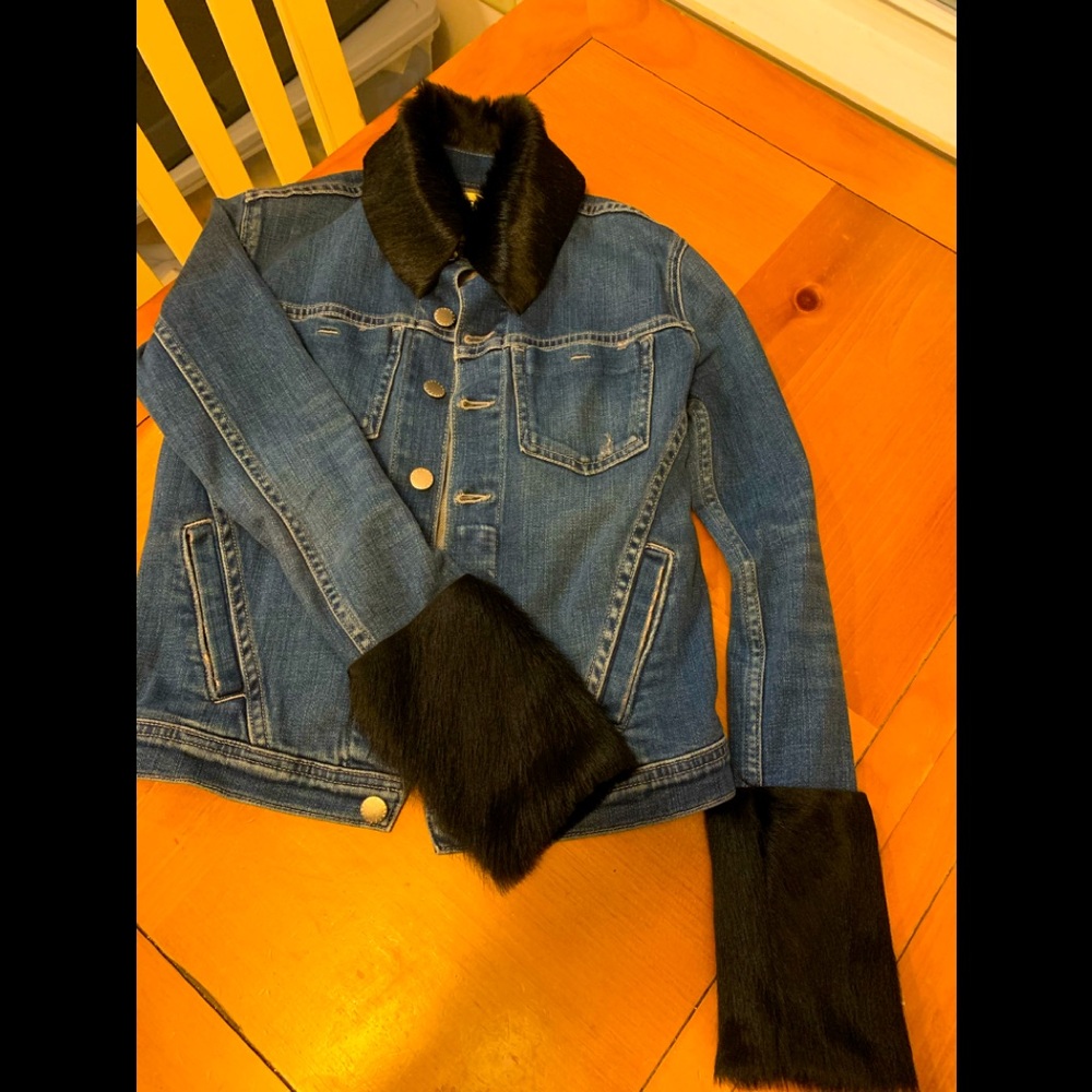 L’AGENCE denim jacket trimmed w/ real rabbit fur